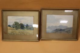A PAIR OF FRAMED AND GLAZED WATERCOLOURS OF COUNTRY LANDSCAPES WITH SHEEP, SIGNED H R WILKINSON
