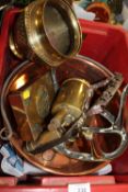 A SMALL BOX OF METALWARE TO INCLUDE A COPPER JAM PAN, BLOW LAMP, TRIVET STAND ETC.