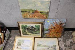 FIVE ASSORTED WATERCOLOURS AND OIL PAINTINGS TO INCLUDE AN OIL SIGNED SANDERSON