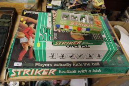 A BOXED VINTAGE PARKER STRIKER FOOTBALL GAME, TOGETHER WITH TWO BOXED ACCESSORIES, AND A TELENG TV