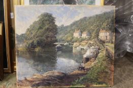 R.G.TROW (XX). Modern British school .Mill on the Avon' with boats and figures, see verso, signed