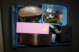 A TRAY OF COLLECTABLES TO INCLUDE BINOCULARS, LIGHTERS ETC.