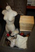 A BOX OF MOSTLY MODERN LADIES SHOES, TOGETHER WITH A COAT HANGER MANNEQUIN BODY, SMALL DRAWERS