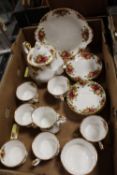 A ROYAL ALBERT OLD COUNTRY ROSES CHINA SIX PERSON TEA SET Condition Report:The teapot has a chip