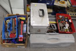 TWO TRAYS OF HAND TOOLS ETC, METAL CASE PLUS CONTENTS AND A CASED TILE CUTTER