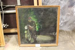 A FRAMED OIL ON BOARD OF A MOTORCYCLIST INDISTINCTLY SIGNED LOWER RIGHT