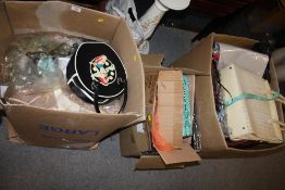 THREE LARGE BOXES OF LADIES CLOTHING AND ACCESSORIES ETC. TO INCLUDE HANDBAGS AND SHOES A/F