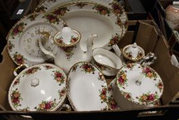 A TRAY OF ROYAL ALBERT OLD COUNTRY ROSES CHINA TO INCLUDE MEAT PLATES, CAKE STAND, TUREEN ETC.