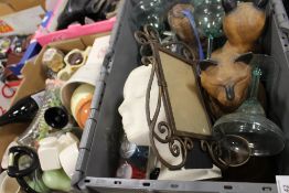 TWO BOXES OF ASSORTED HOUSEHOLD SUNDRIES TO INCLUDE WOODEN CAT FIGURES