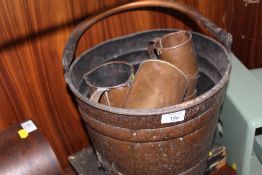 A VINTAGE COPPER COAL BUCKET, TOGETHER WITH A COLLECTION OF COPPER MEASURES