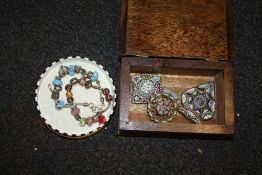 A BOX OF MICRO MOSAIC BUCKLES, TOGETHER WITH TWO CHARM BRACELETS
