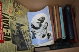 A BOX OF VINTAGE BOOKS, SIGNED SPINNERS PROGRAMME ETC.