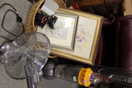 A DYSON VACUUM TOGETHER WITH A BASKET OF SUNDRIES TO INCLUDE A DESK FAN, CAMERA, PICTURES ETC
