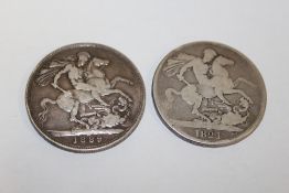 A GEORGE III 1821 SILVER CROWN, TOGETHER WITH A VICTORIAN EXAMPLE (2)