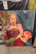 A LARGE UNFRAMED OIL ON CANVAS ABSTRACT FIGURE STUDY OF A WOMAN ENTITLED 'DAPHNE TO APOLLO' BY