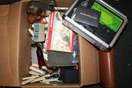 A BOX OF COLLECTABLES TO INCLUDE CORKSCREWS, ENGRAVING KIT, CIGARETTE CARDS ETC.