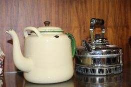 A VINTAGE ENAMELLED KETTLE TOGETHER WITH A CHROMED EXAMPLE (2)