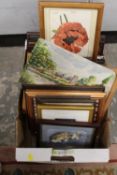 A TRAY OF PICTURES AND PRINTS TO INCLUDE WATERCOLOURS