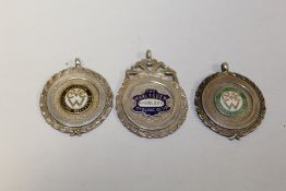 THREE HALLMARKED SILVER CYCLING INTEREST FOB MEDALS