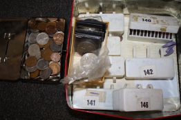 A TIN OF ASSORTED COINAGE TO INCLUDE THREE PENNIES, TWO SHILLING COINS ETC.