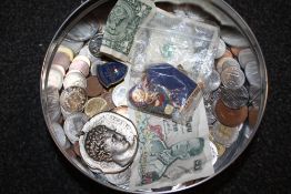 A TIN OF COINS, MEDALS, NOTES ETC.