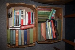 TWO BOXES OF VINTAGE BOOKS TO INCLUDE ANTIQUES / CHINA, METALWARE REFERENCE BOOKS ETC
