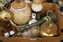 A BOX OF ASSORTED TABLE LAMPS ETC.