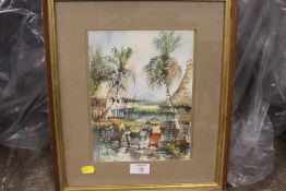 A FRAMED GLAZED WATERCOLOUR OF FIGURES FISHING SIGNED CHENK