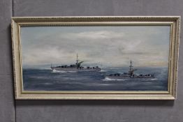 A FRAMED VINTAGE OIL ON BOARD DEPICTING WAR SHIPS AT SEA