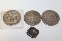 A GEORGE III 1804 FIVE SHILLING DOLLAR, TOGETHER WITH AN 1892 SILVER CROWN, 1677 CHARLES II