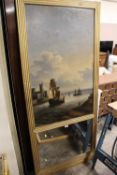 A 19TH CENTURY OIL ON CANVAS OF A FRENCH ESTUARY HARBOUR SCENE WITH MIRROR PANEL BELOW IN GILT
