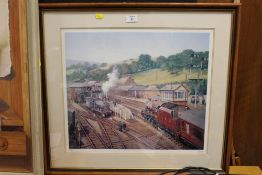 A FRAMED AND GLAZED SIGNED LIMITED EDITION P O JONES RAILWAY INTEREST PRINT