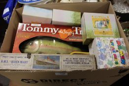 A BOX OF BOXED COLLECTABLES TO INCLUDE MODERN DR WHO TOYS, CHAD VALLEY R.M.S QUEEN MARY MODEL ETC.