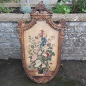 A LARGE HAND-PAINTED LEATHER PANEL DEPICTING A VASE OF FLOWERS AND BUGS, SET IN A LATER FRAME