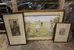 A FRAMED AND GLAZED PEN AND INK SKETCH OF AN INTERIOR SCENE WITH FIGURES TOGETHER WITH A PRINT OF