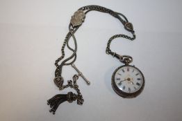 AN ANTIQUE SILVER FOB WATCH ON SILVER ALBERTINA CHAIN