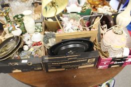 THREE TRAYS OF ASSORTED CERAMICS TABLE LAMPS, WOODEN FIGURES ETC.
