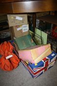 A TRAY OF VINTAGE AND RETRO COLLECTABLES TO INCLUDE RETRO LIGHT SHADES, MAGAZINE RACKS AND