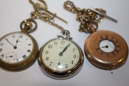 A GOLD PLATED HALF HUNTER POCKET WATCH ON CHAIN A/F , TOGETHER WITH TWO SMITHS EXAMPLES (3)