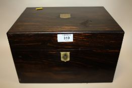 A VICTORIAN COROMANDEL LADIES VANITY BOX WITH FITTED INTERIOR, HAVING VANITY JARS WITH HALLMARKED