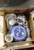 A TRAY OF BLUE AND WHITE CHINA TO INCLUDE A LARGE TUREEN A/F
