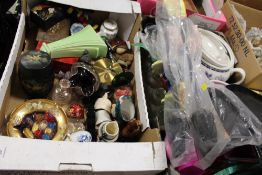 TWO TRAYS OF ASSORTED CERAMICS AND GLASSWARE TO INCLUDE A GLASS PAPERWEIGHT, FIRESIDE ITEMS ETC.