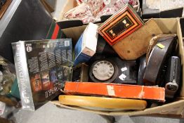 A BOX OF COLLECTABLES TO INCLUDE A VINTAGE TELEPHONE, CLOCKS ETC.