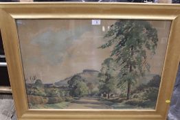 A LARGE GILT FRAMED AND GLAZED WATERCOLOUR DEPICTING A HILLSIDE ROD SIGNED EDWIN HARRIS