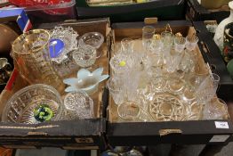 TWO TRAYS OF ASSORTED GLASSWARE TO INCLUDE A PAPERWEIGHT, CUT GLASS ETC.