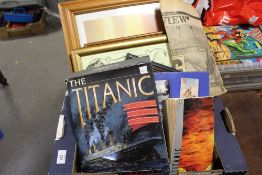 A COLLECTION OF TITANIC RELATED COLLECTABLES TO INCLUDE NEWSPAPER CUTTINGS, BOOKS, PICTURES ETC.