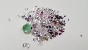 A BAG OF LOOSE MIXED STONES INCLUDING CUBIC ZIRCONIA, RUBY, SAPPHIRE, JADE, GARNET AND CITRINE, 80.