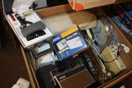 A QUANTITY OF SUNDRIES TO INCLUDE RADIOS, CASED MICROSCOPE, CAMERA ETC.