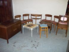 NINE ITEMS TO INCLUDE FOUR VINTAGE BEAUTILITY WING CHAIRS , A SEWING BOX, A SERVING TROLLEY ETC.