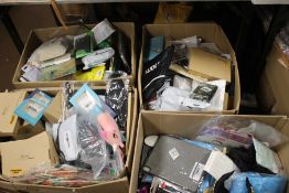 FOUR BOXES OF MAINLY NEW ITEMS TO INCLUDE VACUUM CLEANER FILTERS, PAPER LANTERNS, PHONE CASES